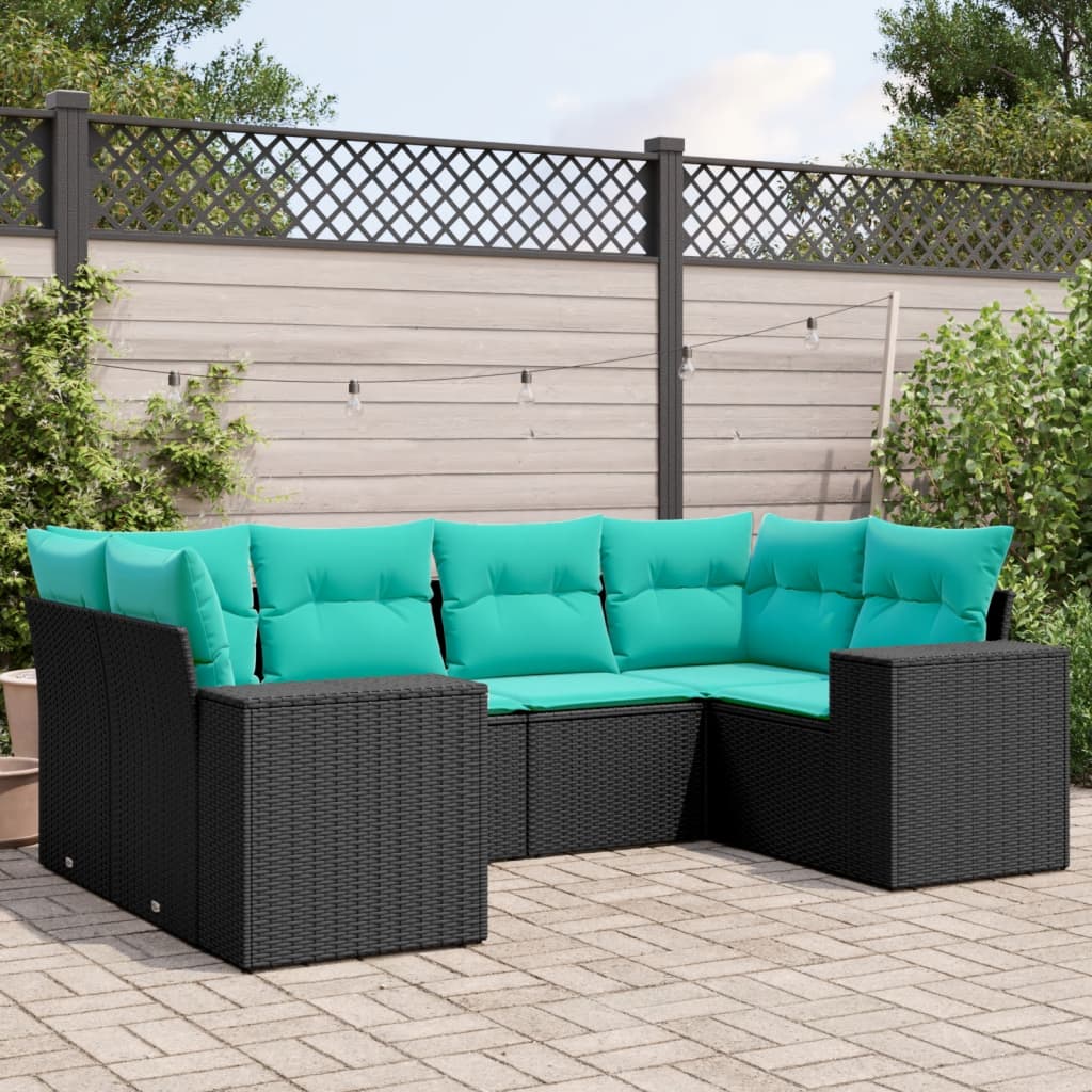 vidaXL 6-teiliges Gartensofa-Set mit Kissen, schwarzes Polyrattan