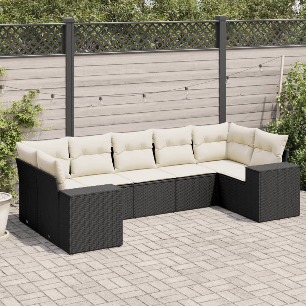 7-tlg. Garten-Sofagarnitur mit Kissen Schwarz Poly Rattan