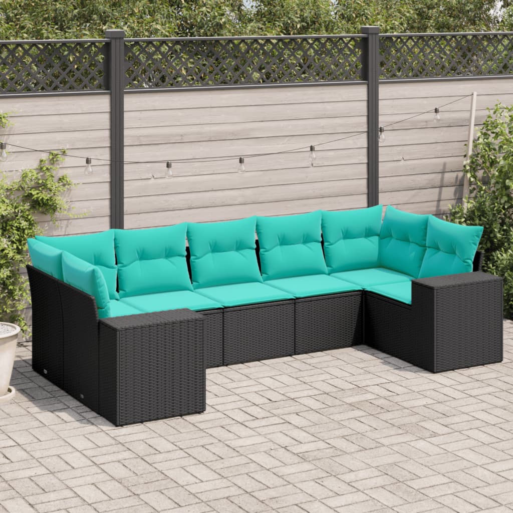 vidaXL 7-teiliges Gartensofa-Set mit Kissen, schwarzes Polyrattan