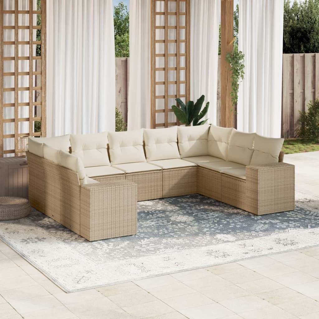 9-tlg. Garten-Sofagarnitur mit Kissen Beige Poly Rattan