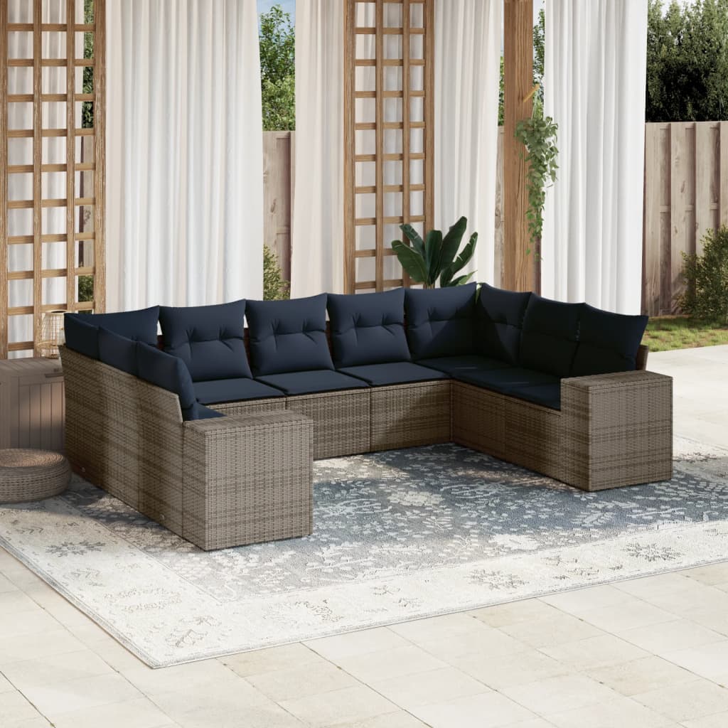 vidaXL 9-teiliges Gartensofa-Set mit Kissen, grau, Polyrattan