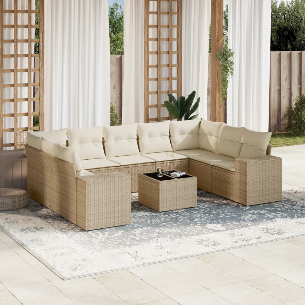 vidaXL 10-tlg. Garten-Sofagarnitur mit Kissen Beige Poly Rattan