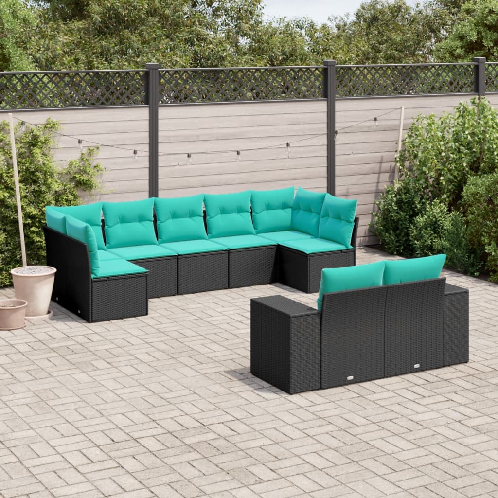 vidaXL 9-teiliges Gartensofa-Set mit Kissen, schwarzes Polyrattan