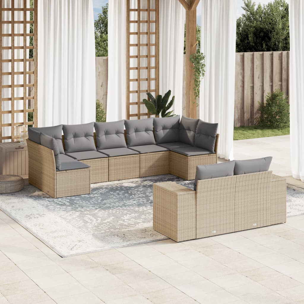 vidaXL 9-tlg. Garten-Sofagarnitur mit Kissen Beige Poly Rattan