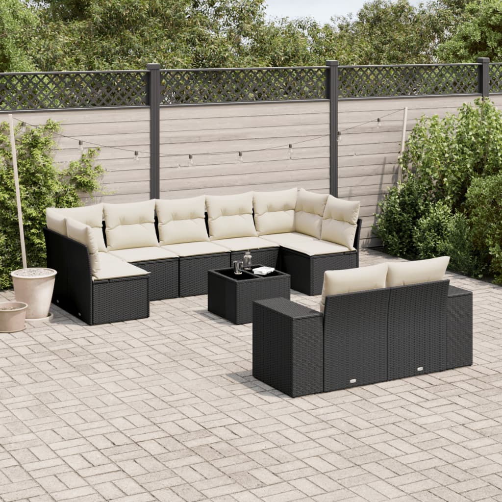 vidaXL 10-tlg. Garten-Sofagarnitur mit Kissen Schwarz Poly Rattan