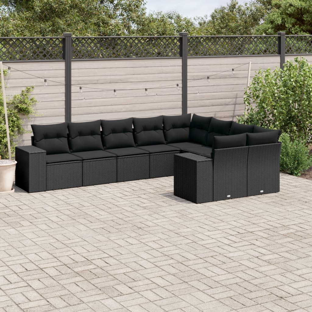 vidaXL Set mobilier de grădină cu perne, 9 piese, negru, poliratan