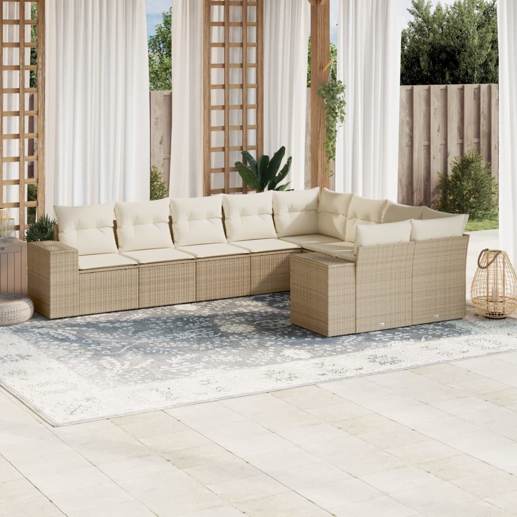 9-tlg. Garten-Sofagarnitur mit Kissen Beige Poly Rattan