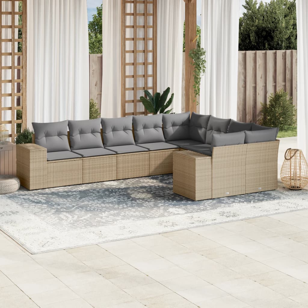 vidaXL 9-tlg. Garten-Sofagarnitur mit Kissen Beige Poly Rattan