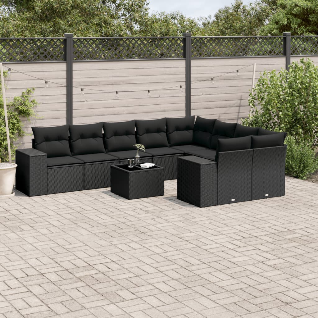 vidaXL 10-tlg. Garten-Sofagarnitur mit Kissen Schwarz Poly Rattan