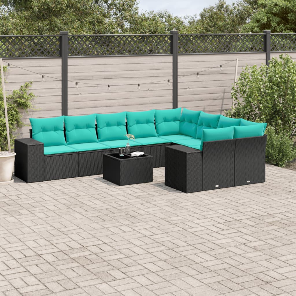 vidaXL 10-teiliges Gartensofa-Set mit Kissen, schwarzes Polyrattan