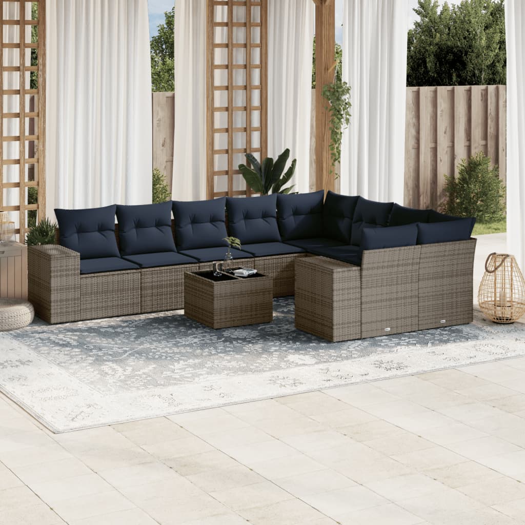 vidaXL 10-teiliges Gartensofa-Set mit Kissen, grau, Polyrattan