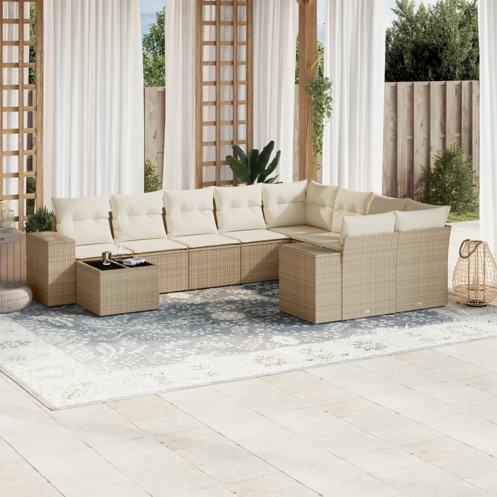 vidaXL 10-tlg. Garten-Sofagarnitur mit Kissen Beige Poly Rattan