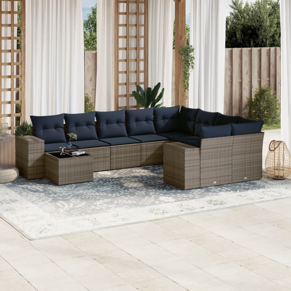 vidaXL 10-teiliges Gartensofa-Set mit Kissen, grau, Polyrattan