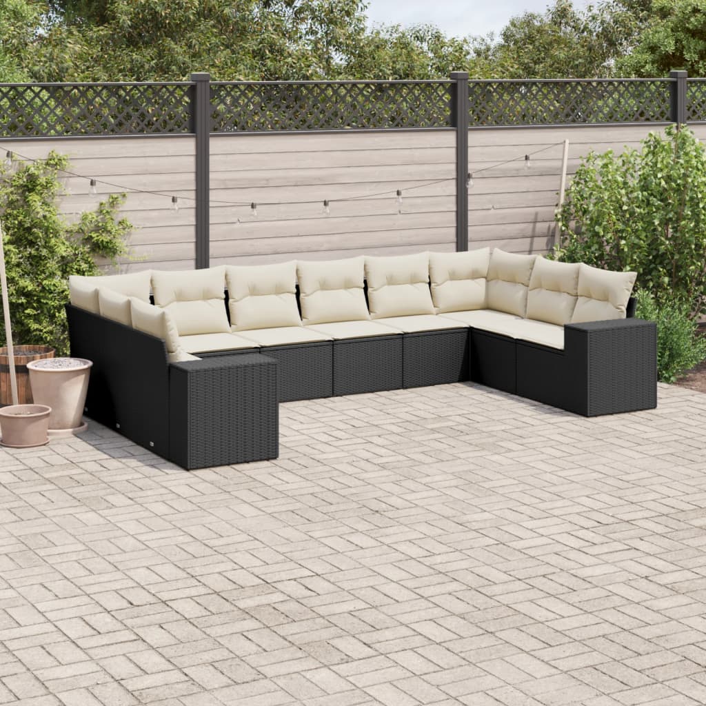 vidaXL 10-tlg. Garten-Sofagarnitur mit Kissen Schwarz Poly Rattan