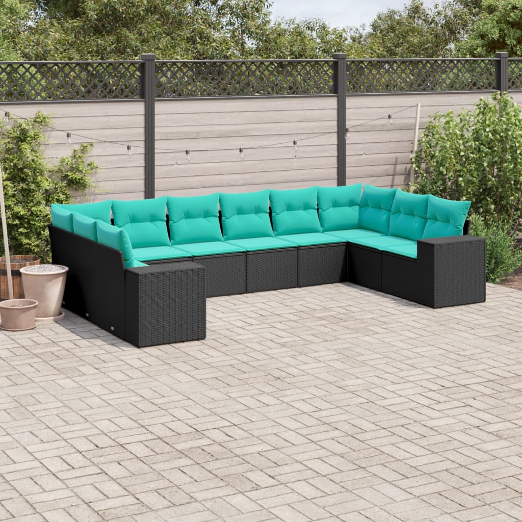 vidaXL 10-teiliges Gartensofa-Set mit Kissen, schwarzes Polyrattan