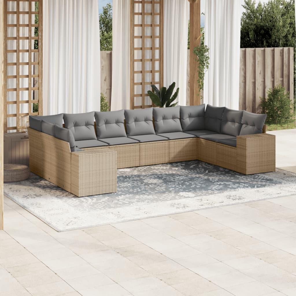 vidaXL 10-tlg. Garten-Sofagarnitur mit Kissen Beige Poly Rattan