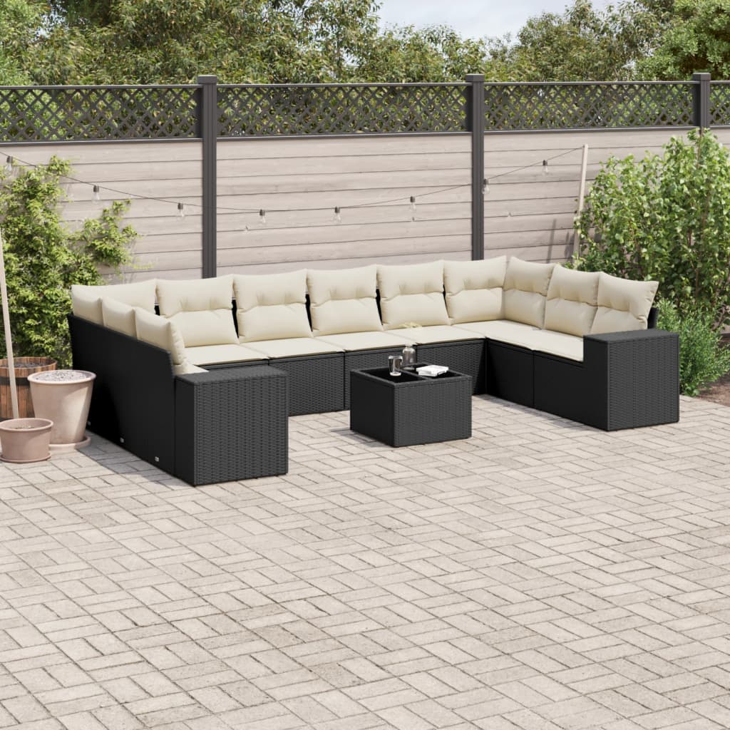 vidaXL 11-tlg. Garten-Sofagarnitur mit Kissen Schwarz Poly Rattan