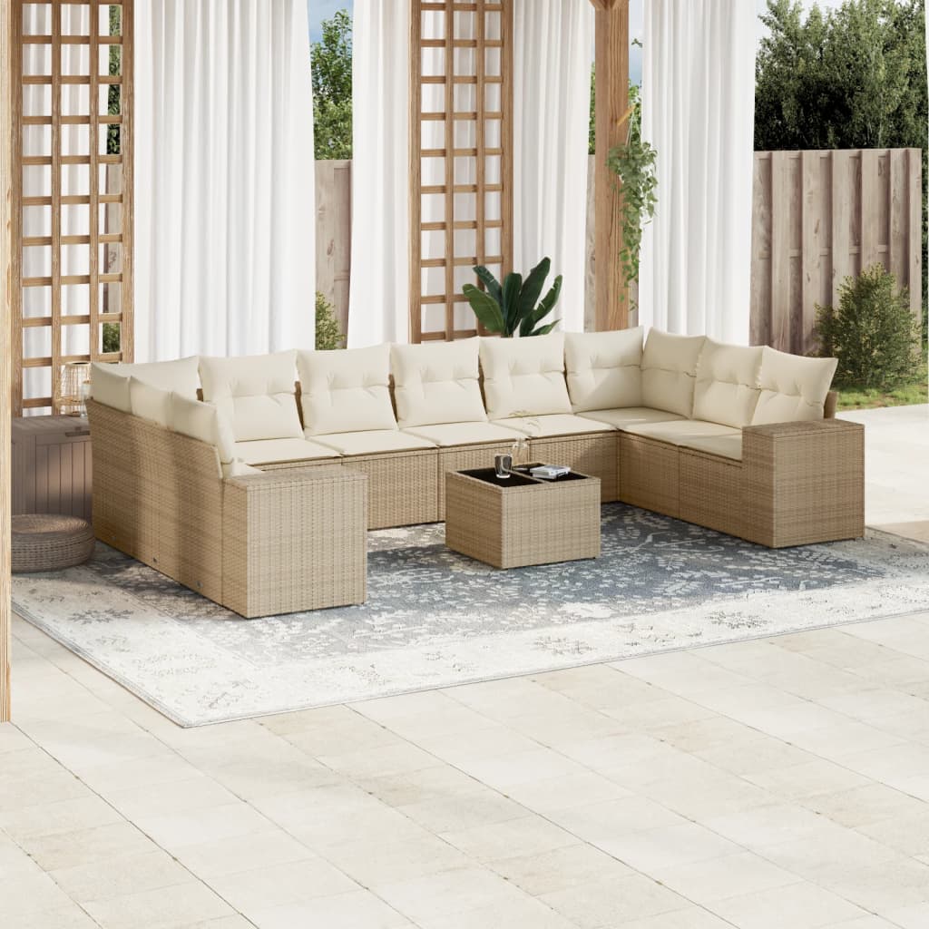 vidaXL 11-tlg. Garten-Sofagarnitur mit Kissen Beige Poly Rattan