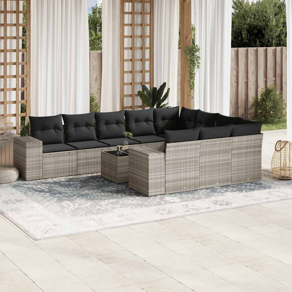 vidaXL 11-tlg. Garten-Sofagarnitur mit Kissen Hellgrau Poly Rattan