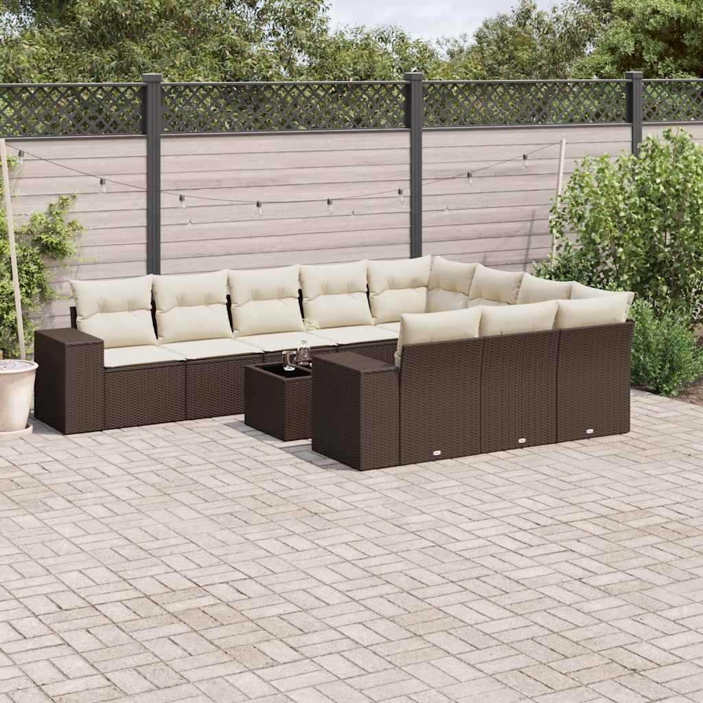 vidaXL 11-tlg. Garten-Sofagarnitur mit Kissen Braun Poly Rattan