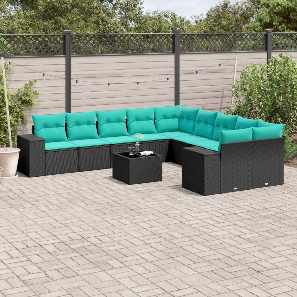 11-teiliges Gartensofa-Set mit Kissen, schwarzes Polyrattan