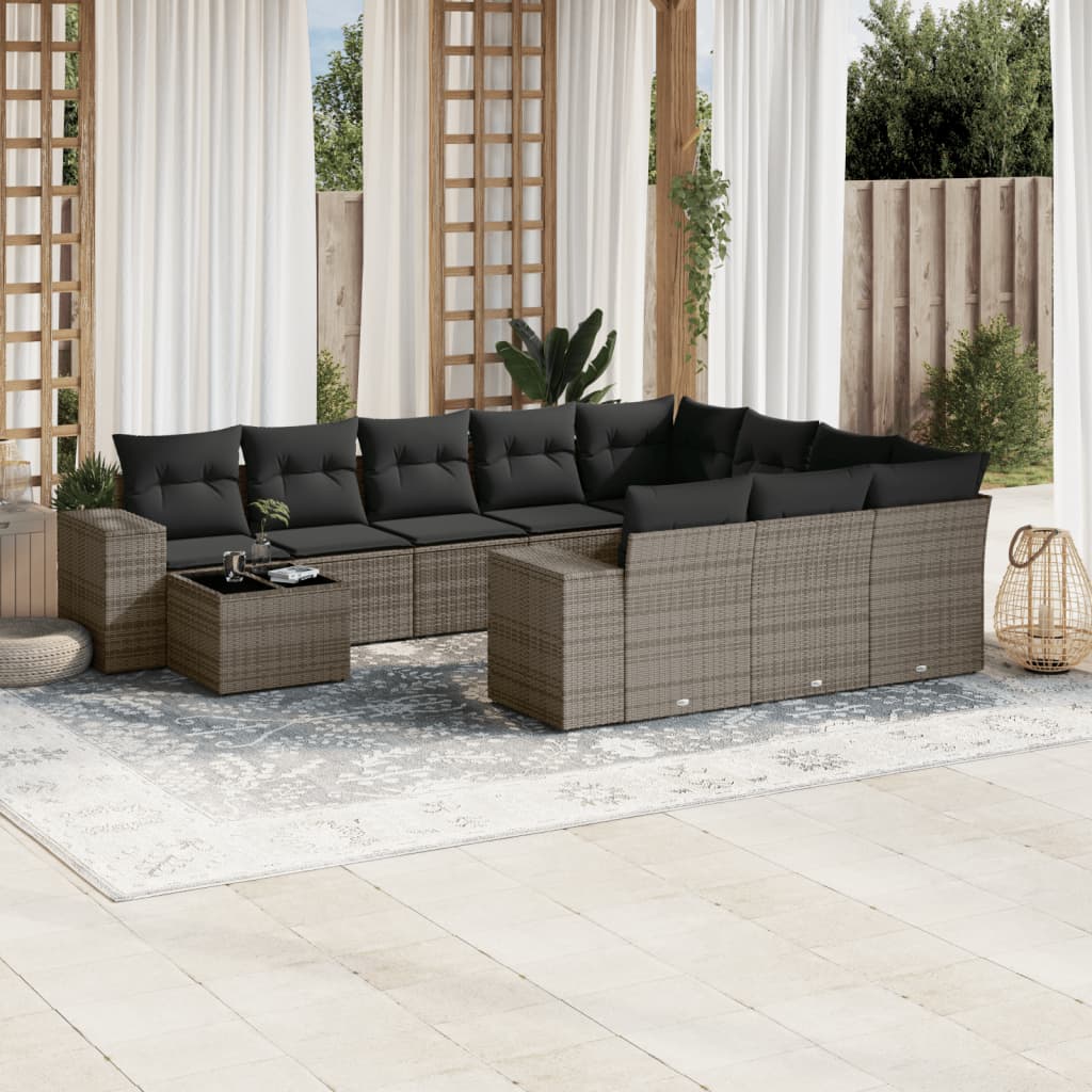 vidaXL 11-tlg. Garten-Sofagarnitur mit Kissen Grau Poly Rattan