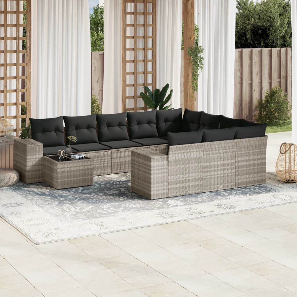 vidaXL 11-tlg. Garten-Sofagarnitur mit Kissen Hellgrau Poly Rattan