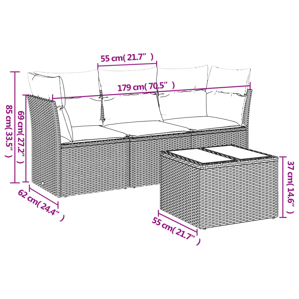 vidaXL 4-delige Loungeset met kussens poly rattan beige afbeelding
