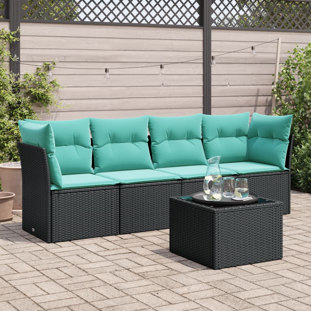 vidaXL 5-tlg. Garten-Sofagarnitur mit Kissen Schwarz Poly Rattan