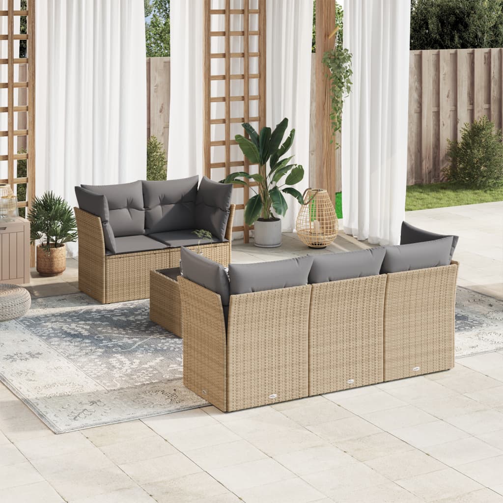 vidaXL 6-tlg. Garten-Sofagarnitur mit Kissen Beige Poly Rattan