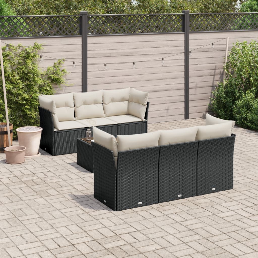 vidaXL 7-tlg. Garten-Sofagarnitur mit Kissen Schwarz Poly Rattan