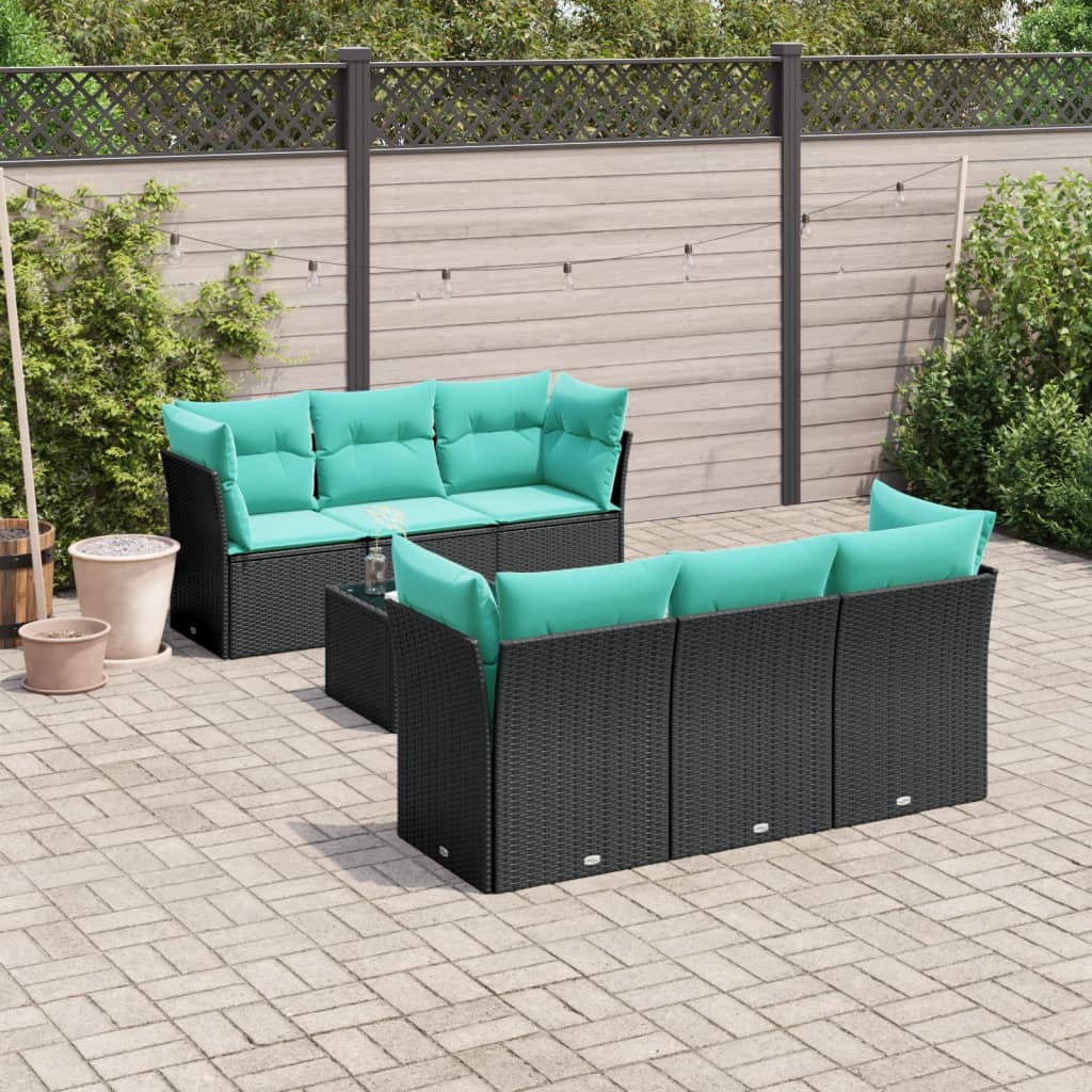 vidaXL 7-tlg. Garten-Sofagarnitur mit Kissen Schwarz Poly Rattan