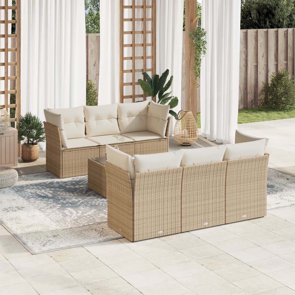 vidaXL 7-tlg. Garten-Sofagarnitur mit Kissen Beige Poly Rattan