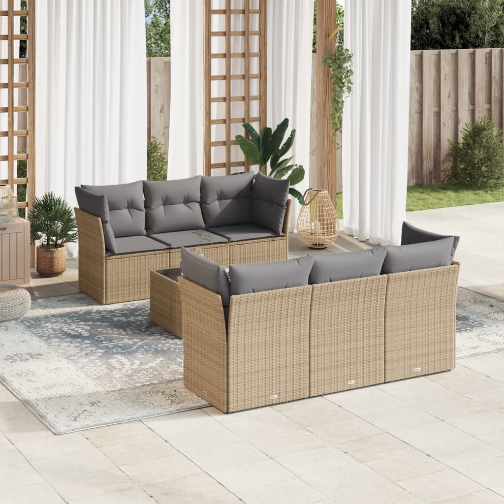 vidaXL 7-tlg. Garten-Sofagarnitur mit Kissen Beige Poly Rattan