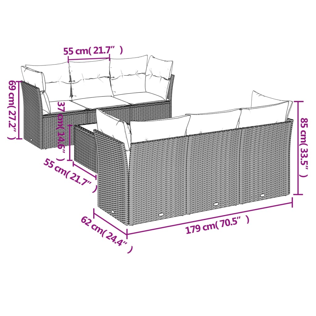 vidaXL 7-delige Loungeset met kussens poly rattan grijs