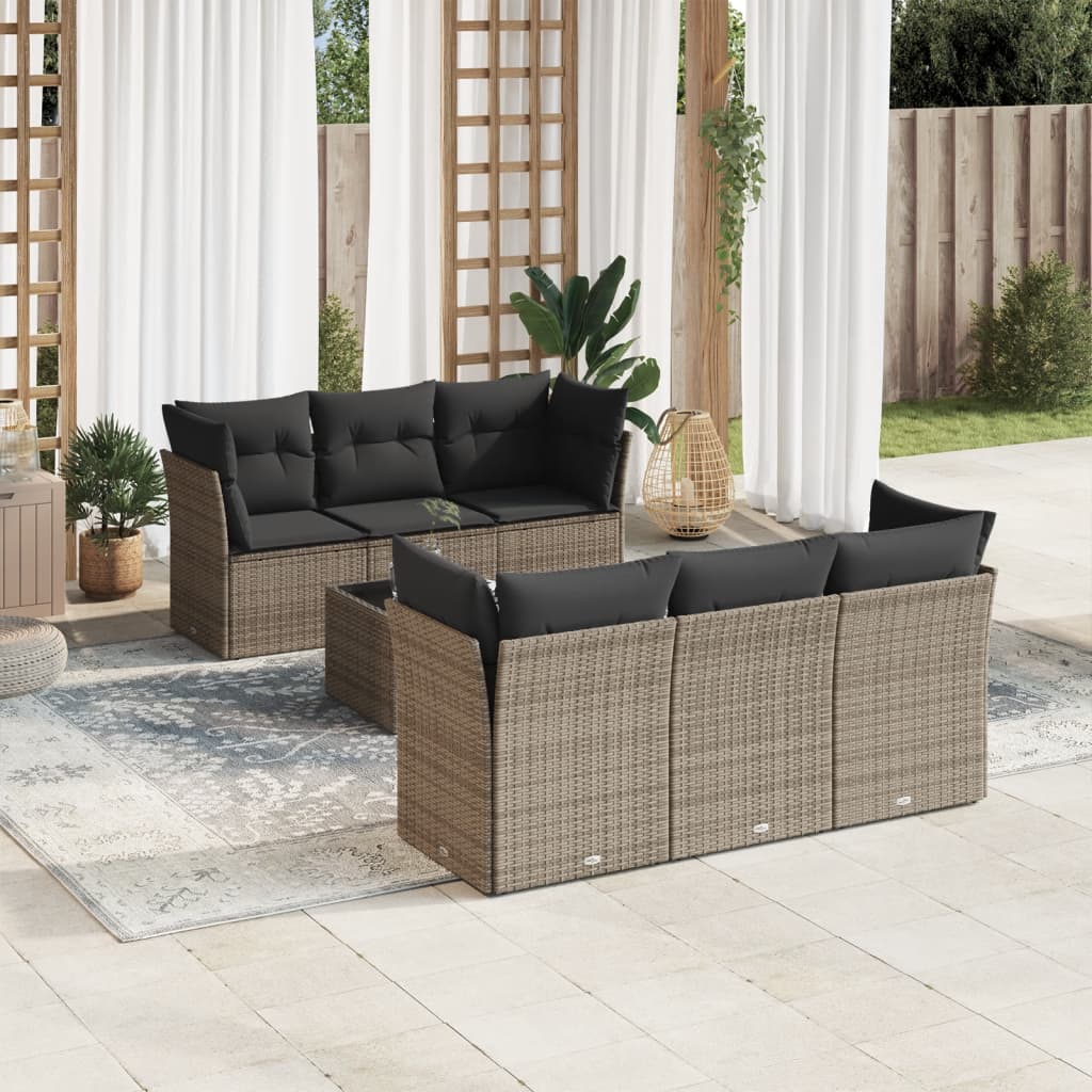 vidaXL 7-tlg. Garten-Sofagarnitur mit Kissen Grau Poly Rattan