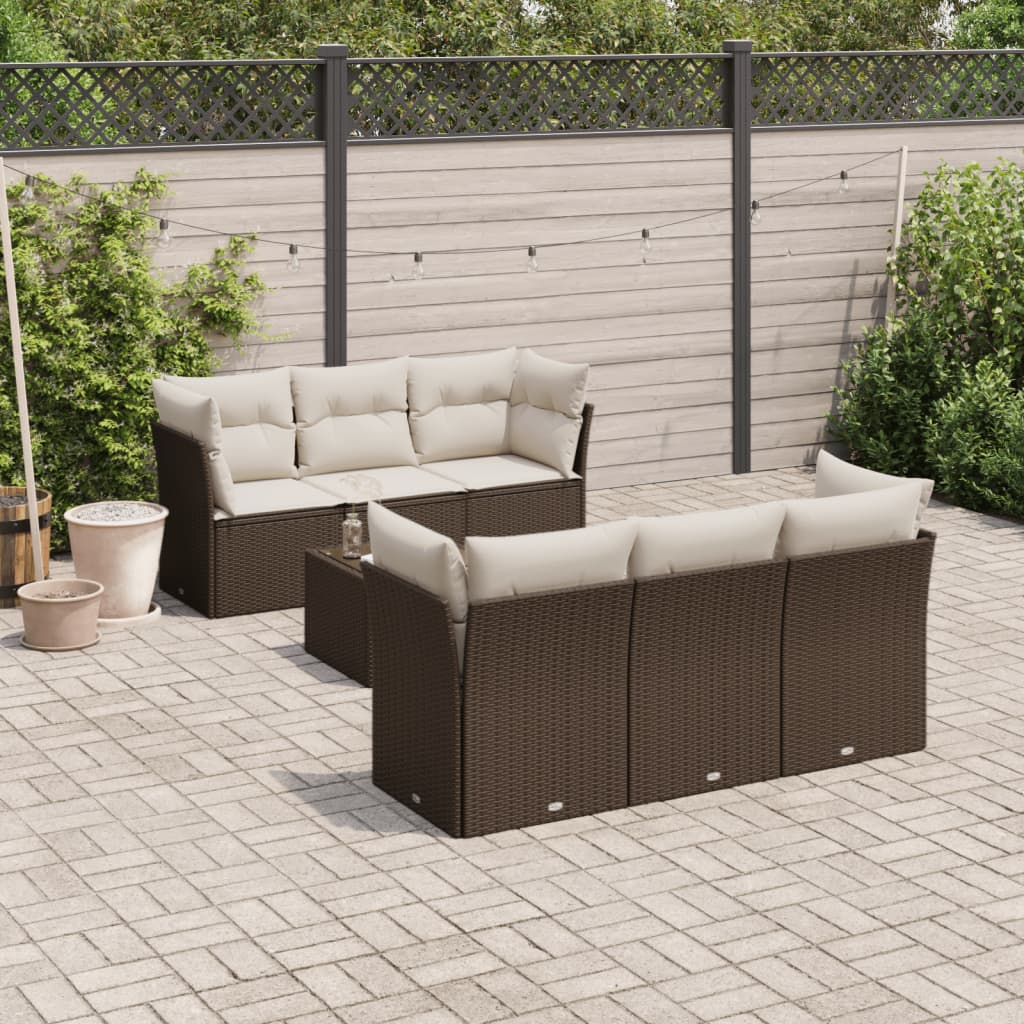 vidaXL 7-tlg. Garten-Sofagarnitur mit Kissen Braun Poly Rattan