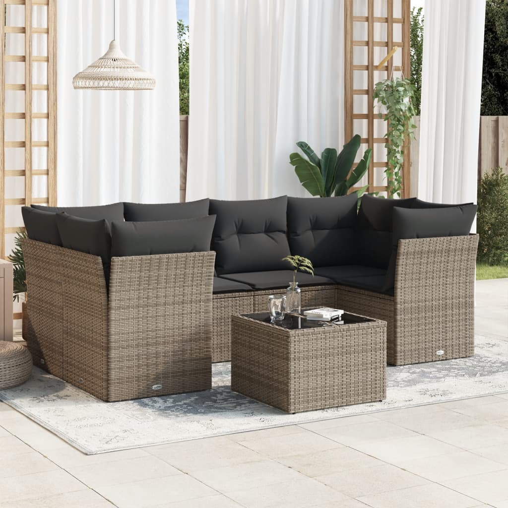 7-tlg. Garten-Sofagarnitur mit Kissen Grau Poly Rattan