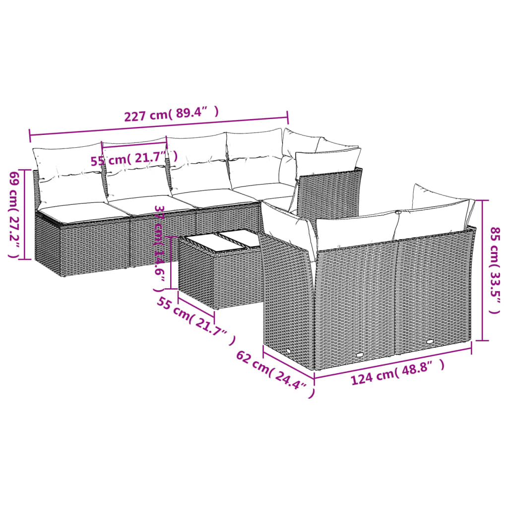 vidaXL 8-delige Loungeset met kussens poly rattan zwart afbeelding