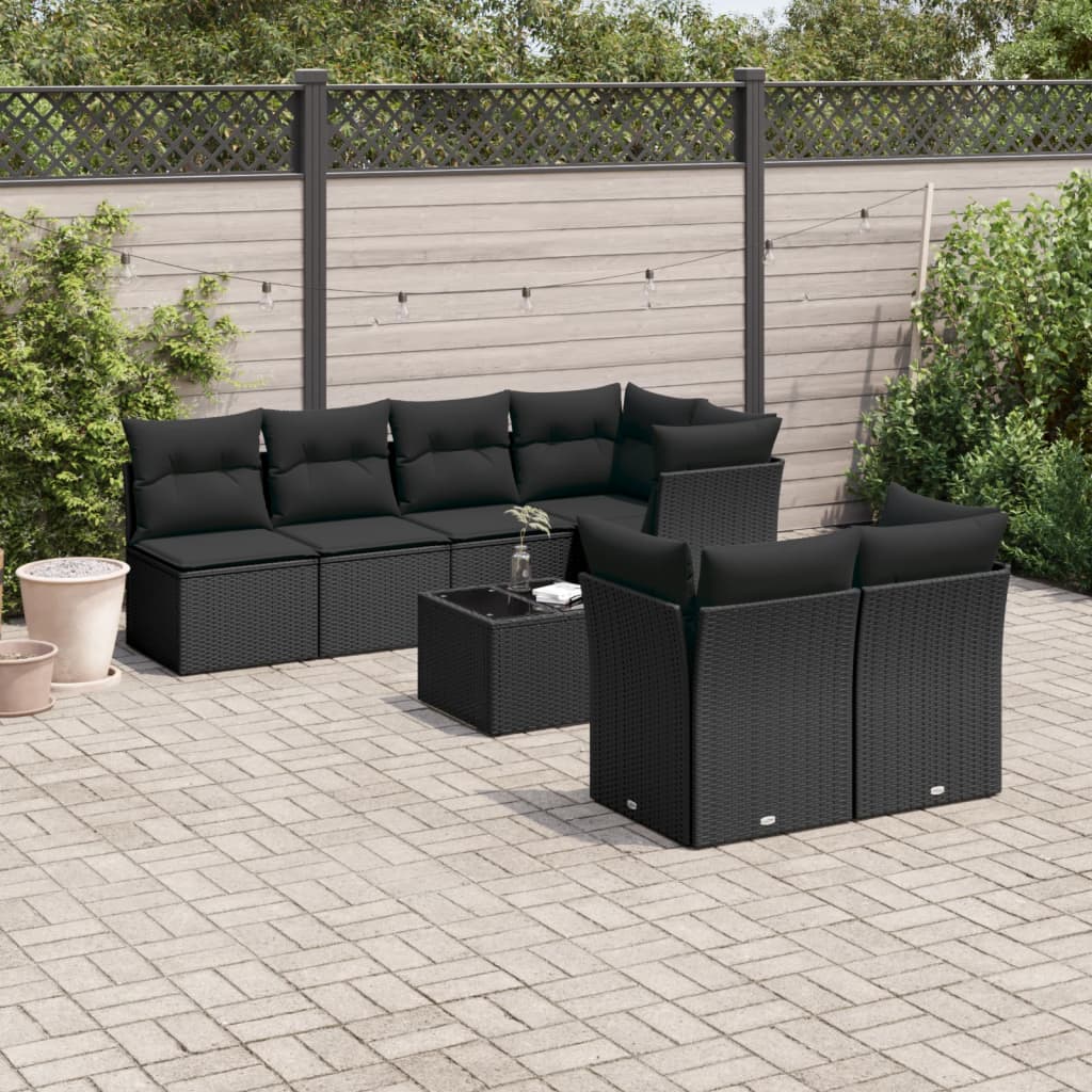 vidaXL 8-tlg. Garten-Sofagarnitur mit Kissen Schwarz Poly Rattan