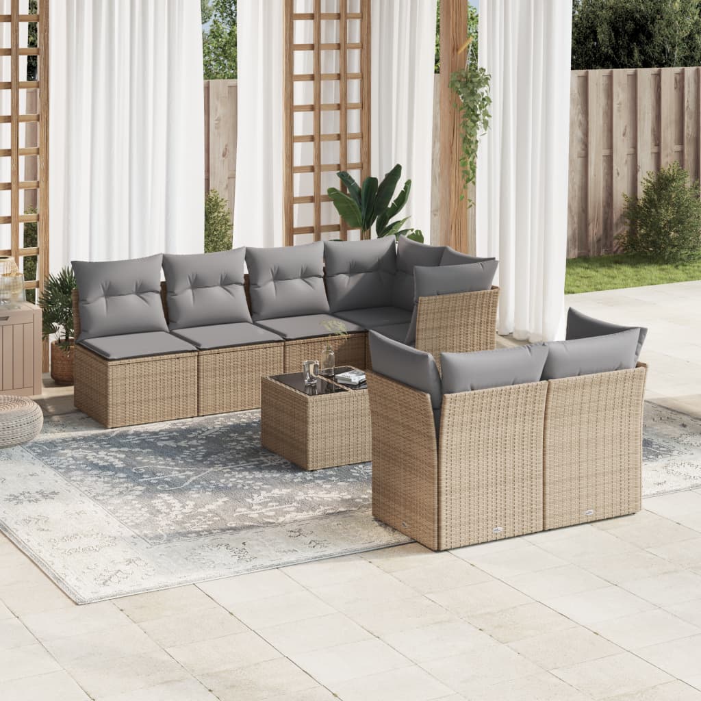 vidaXL 8-tlg. Garten-Sofagarnitur mit Kissen Beige Poly Rattan