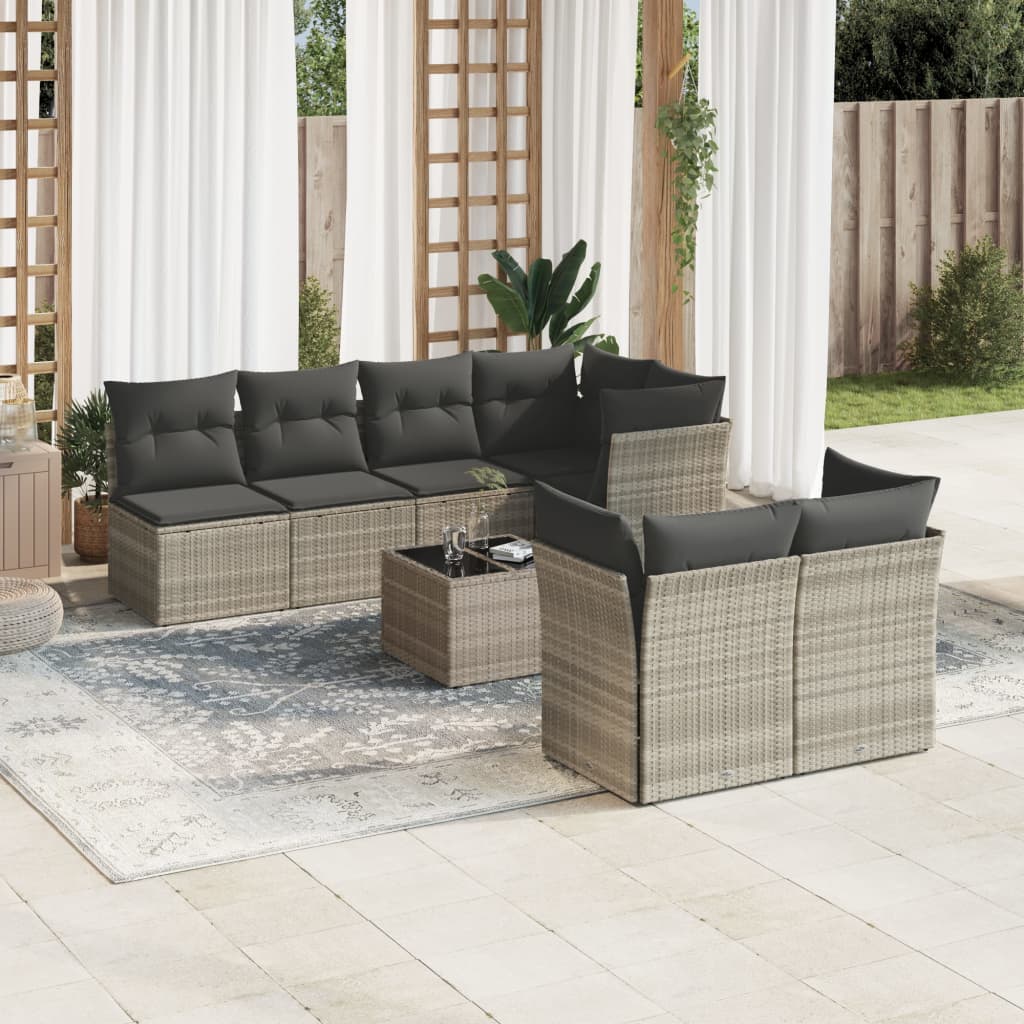 vidaXL 8-tlg. Garten-Sofagarnitur mit Kissen Hellgrau Poly Rattan