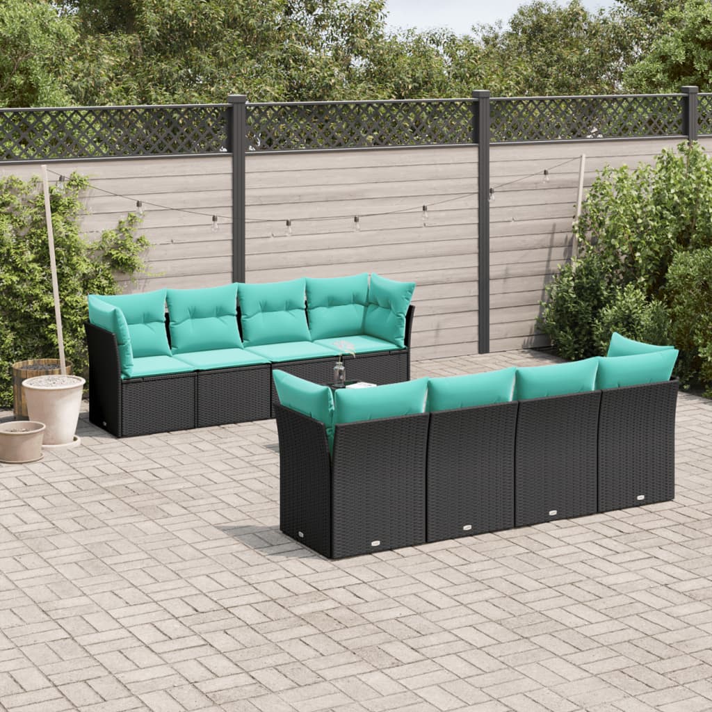 vidaXL 9-tlg. Garten-Sofagarnitur mit Kissen Schwarz Poly Rattan