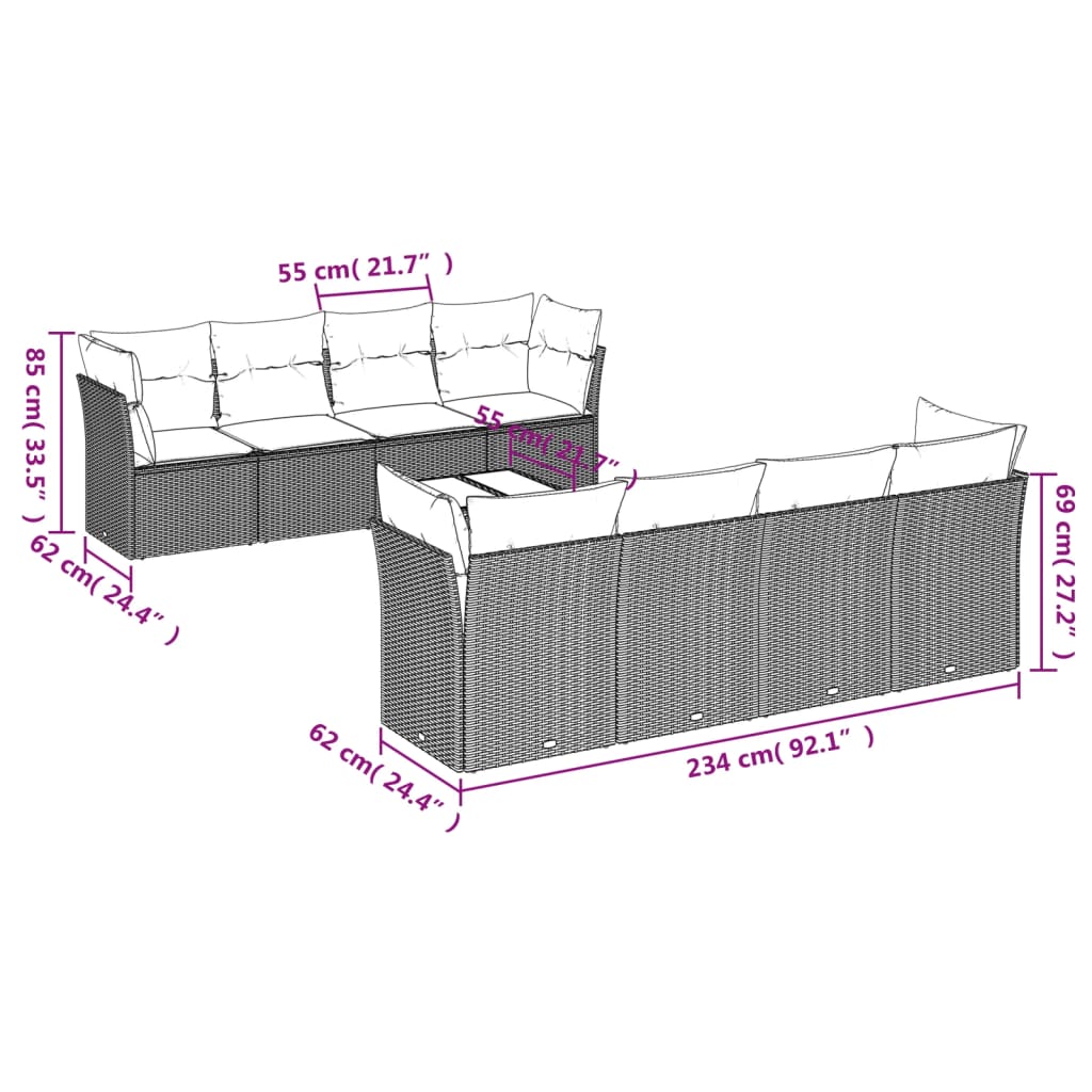 vidaXL 9-delige Loungeset met kussens poly rattan beige afbeelding