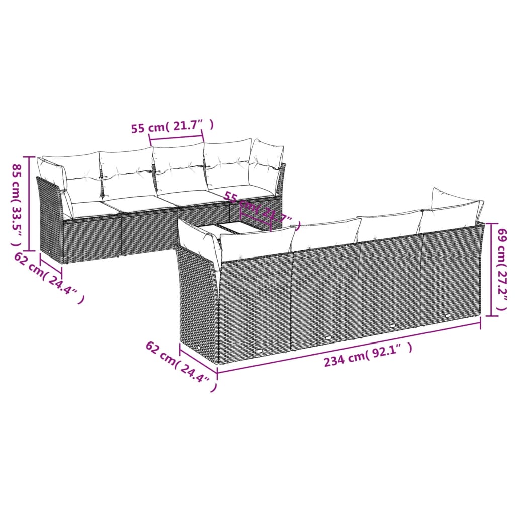 vidaXL 9-delige Loungeset met kussens poly rattan grijs afbeelding