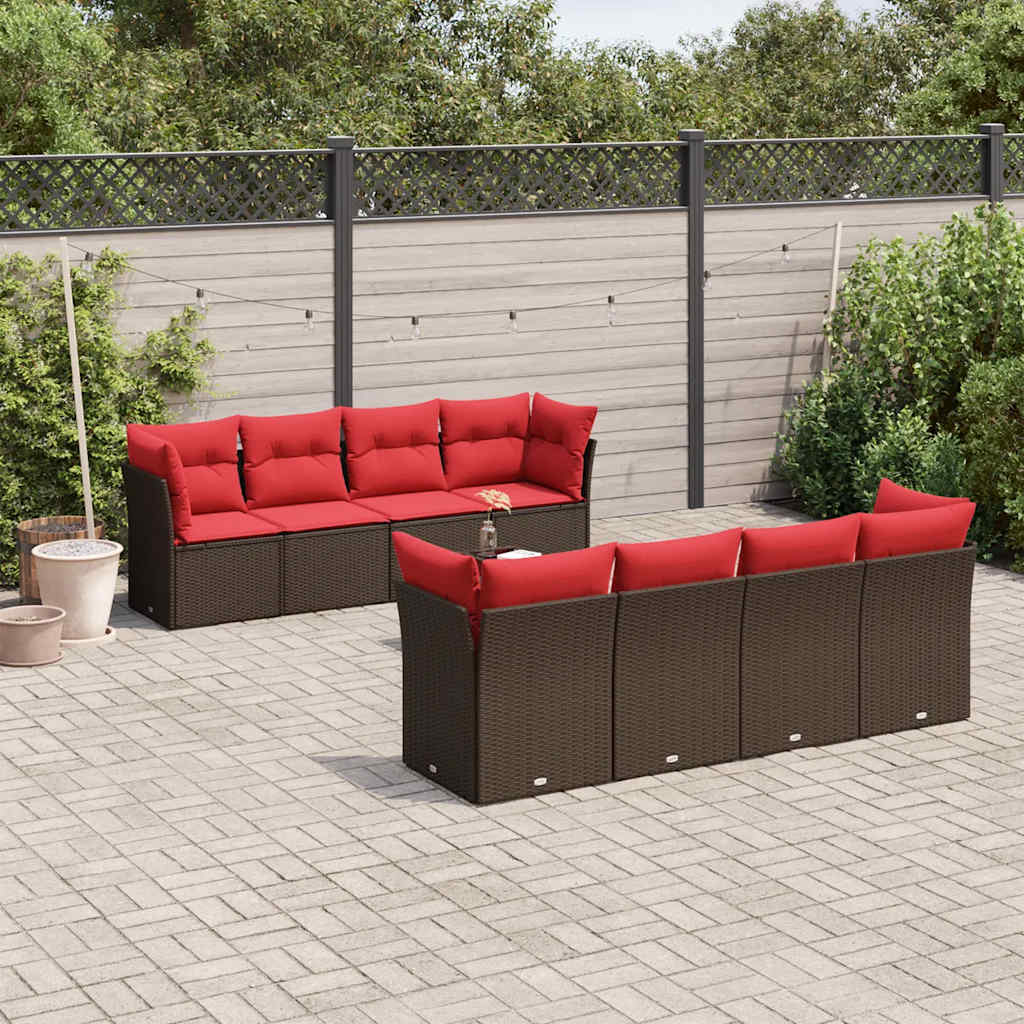 vidaXL 9-tlg. Garten-Sofagarnitur mit Kissen Braun Poly Rattan