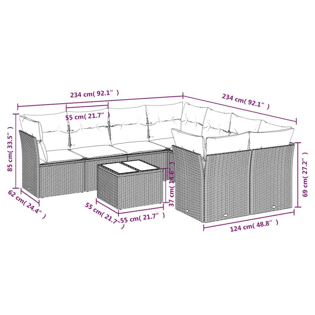 Set mobilier de grădină cu perne, 9 piese, negru, poliratan 3217316 - imagine 3