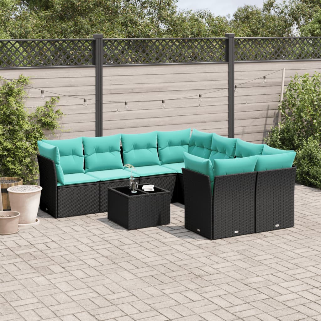 9-tlg. Garten-Sofagarnitur mit Kissen Schwarz Poly Rattan