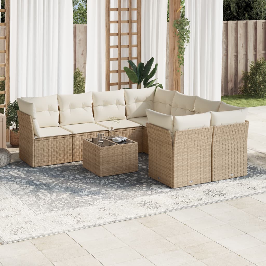 9-tlg. Garten-Sofagarnitur mit Kissen Beige Poly Rattan