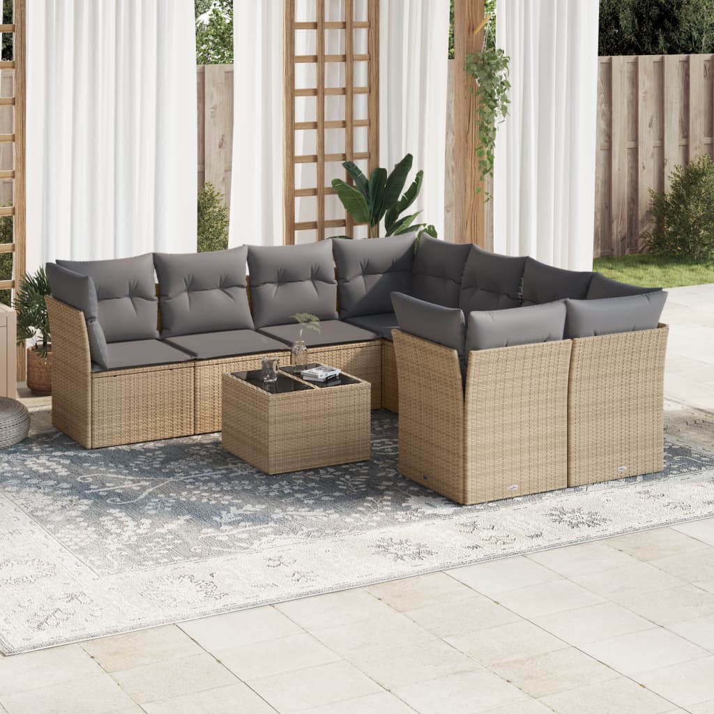 vidaXL 9-tlg. Garten-Sofagarnitur mit Kissen Beige Poly Rattan